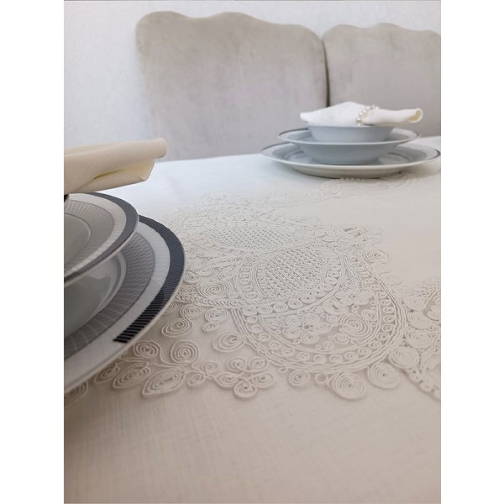 Ece's Design Su Damlası Ekru Gardenya Keten 12 Kişilik 26 Parça Yemek Takımı - 143 x 220 cm Masa Örtüsü Fiyatı