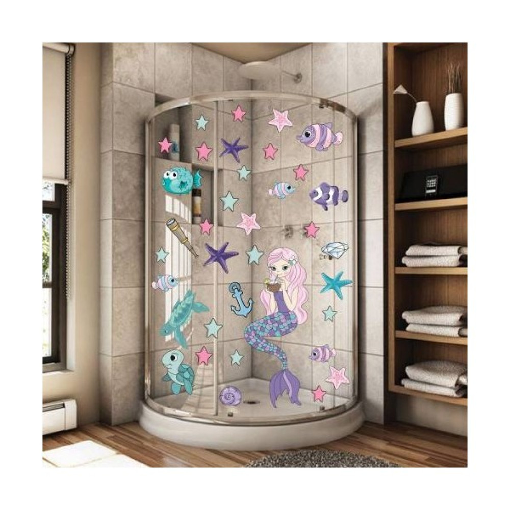 Echo Home Deniz Kızı Deniz Yıldızları ve Balıklar Duşakabin ve Banyo Sticker - 45 x 38 cm - Renkli Banyo Aksesuarları Fiyatı