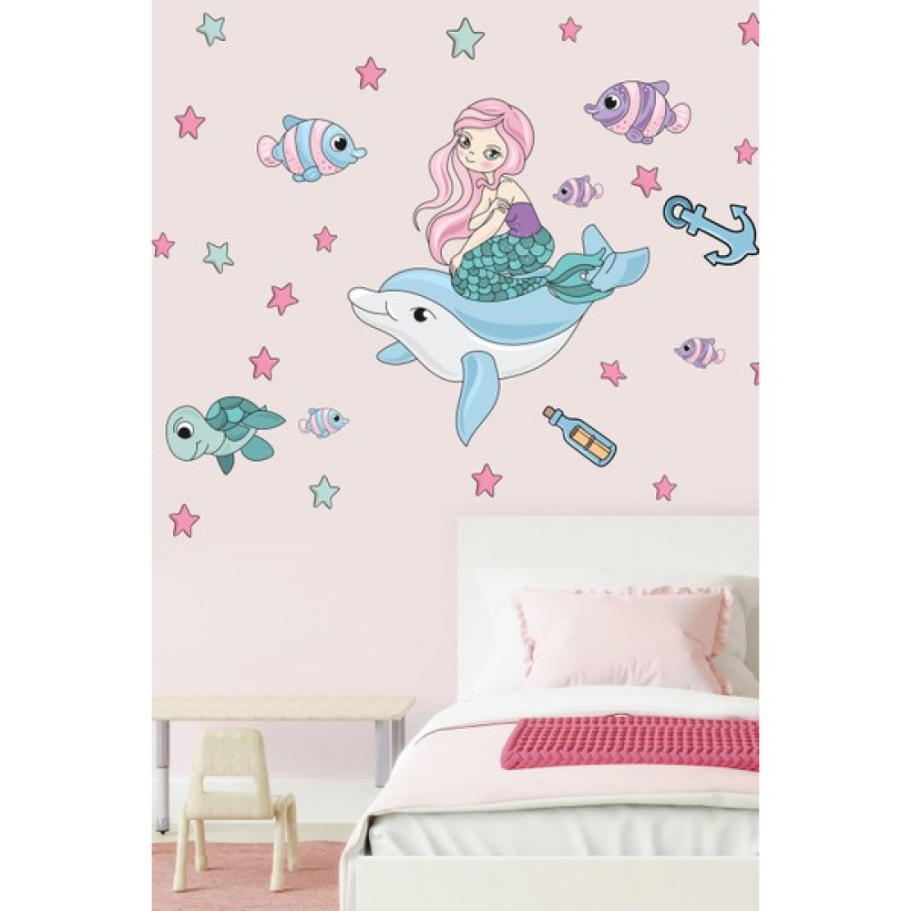 Echo Home Deniz Kızı ve Balıklar Temalı Çocuk Odası Banyo Duvar Sticker - 60 x 15 cm - Renkli Banyo Aksesuarları Fiyatı