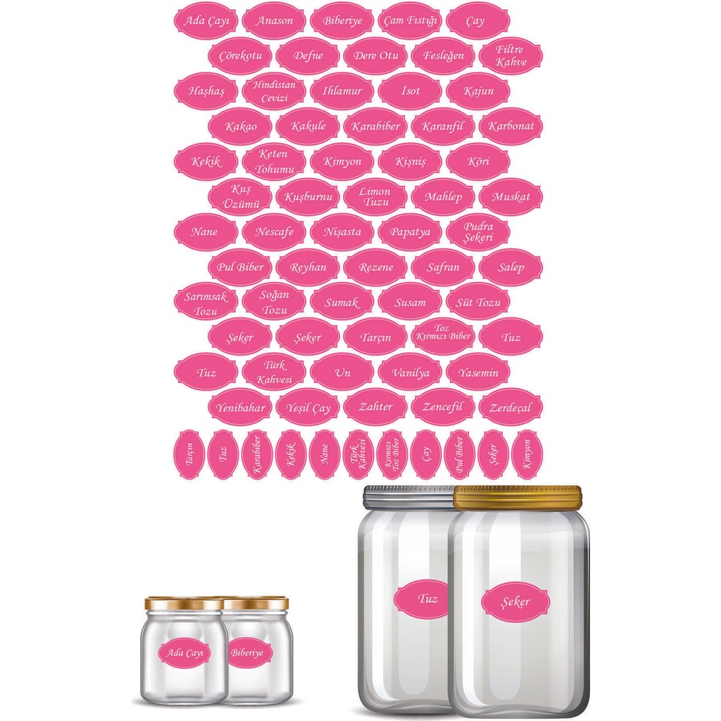 Echo Home Pembe Baharat Kavanoz Etiketi Sticker 70 Adet - 60 x 15 cm - Renkli Tuz, Şeker, Baharat Fiyatı