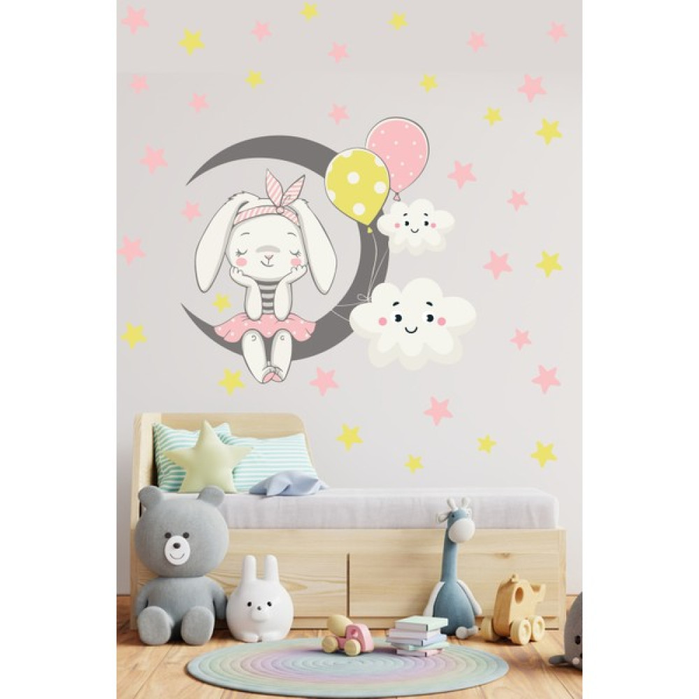 Echo Home Pembe Sevimli Tavşan ve Ay Çocuk Odası Duvar Sticker - 10 cm - 60 x 15 cm Sticker Fiyatı