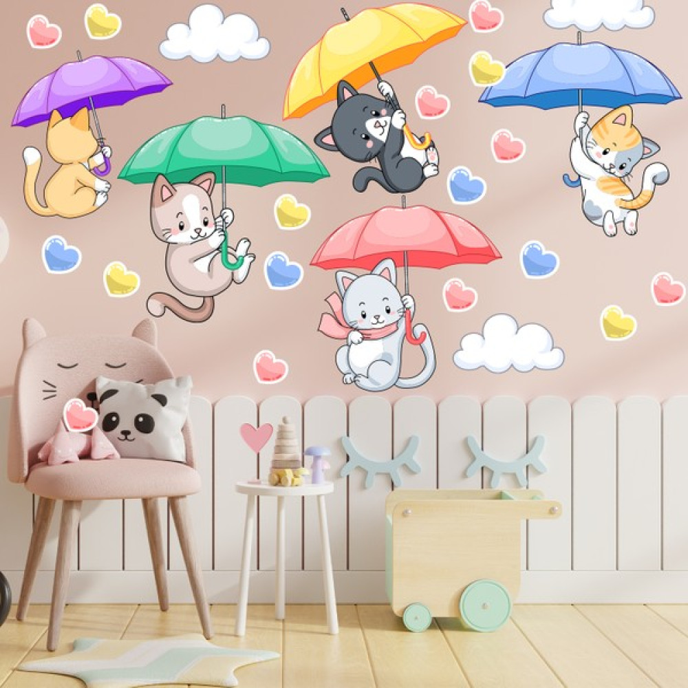 Echo Home Şemsiye Ile Uçan Sevimli Kediler ve Kalpler Duvar Sticker - 120 x 45 cm Sticker Fiyatı