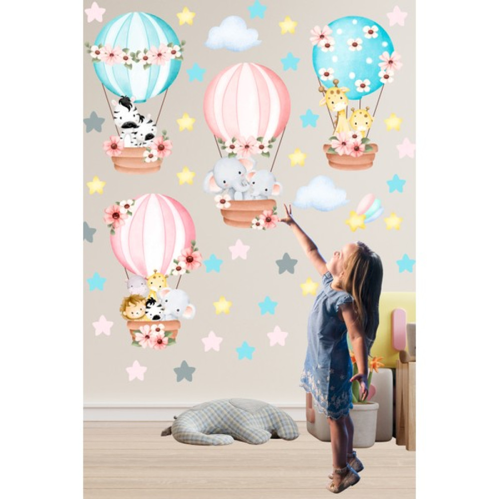 Echo Home Sulu Boya Soft Renkli Balonla Uçan Sevimli Hayvanlar Çocuk Odası Duvar Sticker - 120 x 45 cm Duvar Stickerı Fiyatı