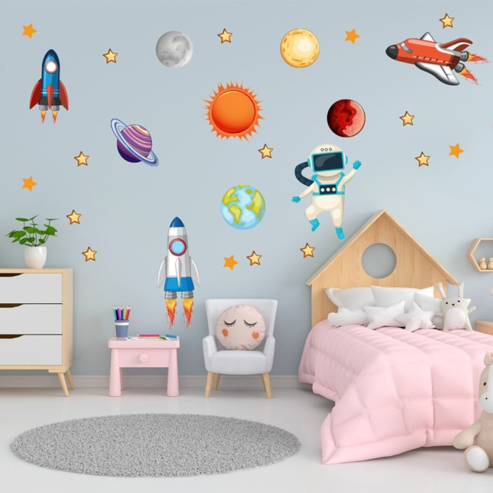 Echo Home Uzayda Astronot Uzay Mekiği Gezegenler ve Yıldızlar Duvar Sticker - 45 x 120 cm - Renkli Sticker Fiyatı