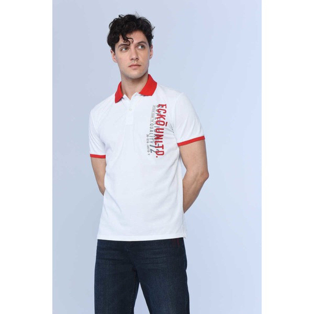 Ecko Unltd. Davıs Beyaz Erkek Kontrast Yaka Detaylı, Baskılı Polo Yaka Tshirt Erkek T-shirt Fiyatı