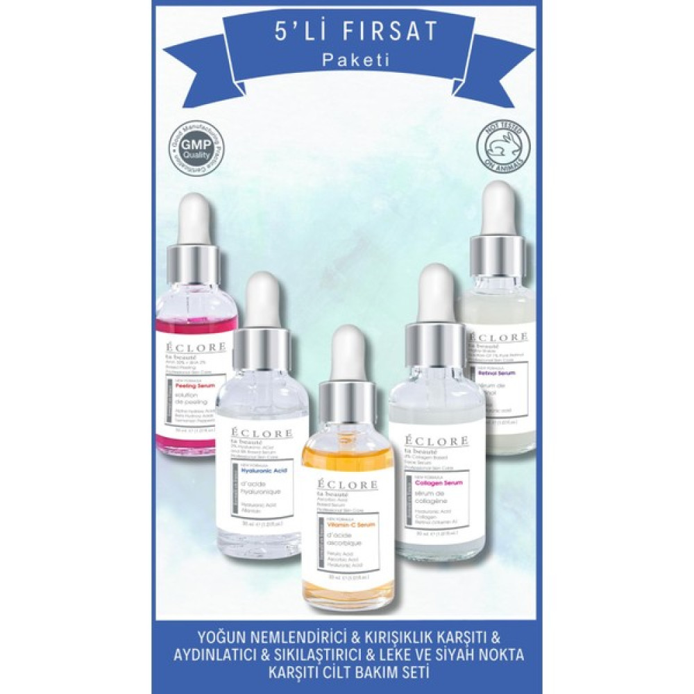 Eclore 5'li Cilt Bakım Serum Seti/vitamin C+Retinol+Kolajen+Hyaluronik Asit +Aha 30% + Bha 2% Peeling Serum Cilt ve Yüz Bakımı Fiyatı