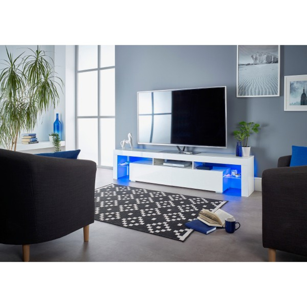 Ecm Tv Ünitesi LED Aydınlatmalı Tv Sehpası Lüks Modern Şık Sehpa Cam Raflı 2 Kapaklı Geniş Ünite Raf - Beyaz Tv Ünitesi / Sehpası Fiyatı
