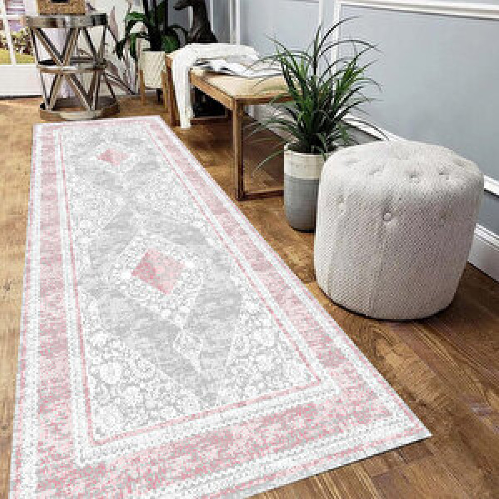 Eco Concept Gri Geçişli Pembe Renk Yolluk Göbekli Salon Halısı Dekoratif Yolluk Halısı Kaymaztaban Yıkanabilir Halı 120x200 cm Yolluk Fiyatı