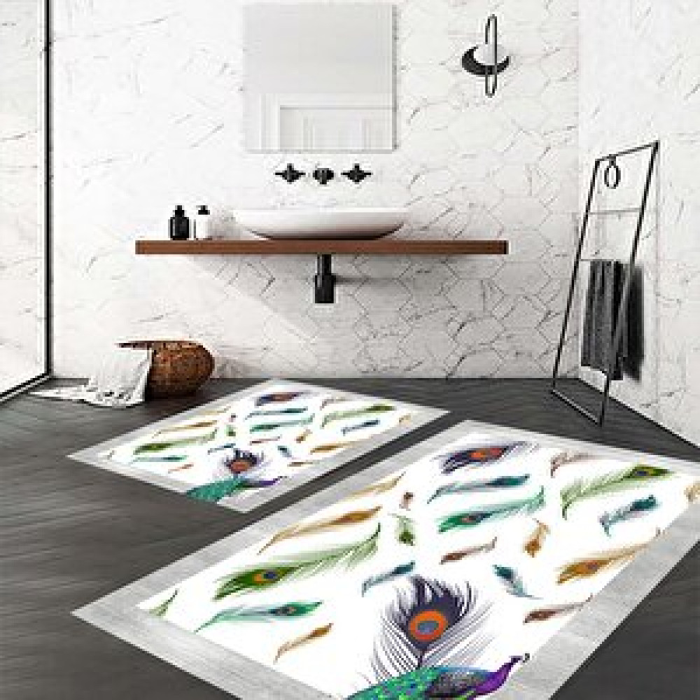 Eco Concept Gri Klozet Takımı, Tavuskuşu Desen Paspas, Kaymaz Taban Banyo Paspası, Yıkanbilir Banyo Paspası Banyo Halısı Fiyatı