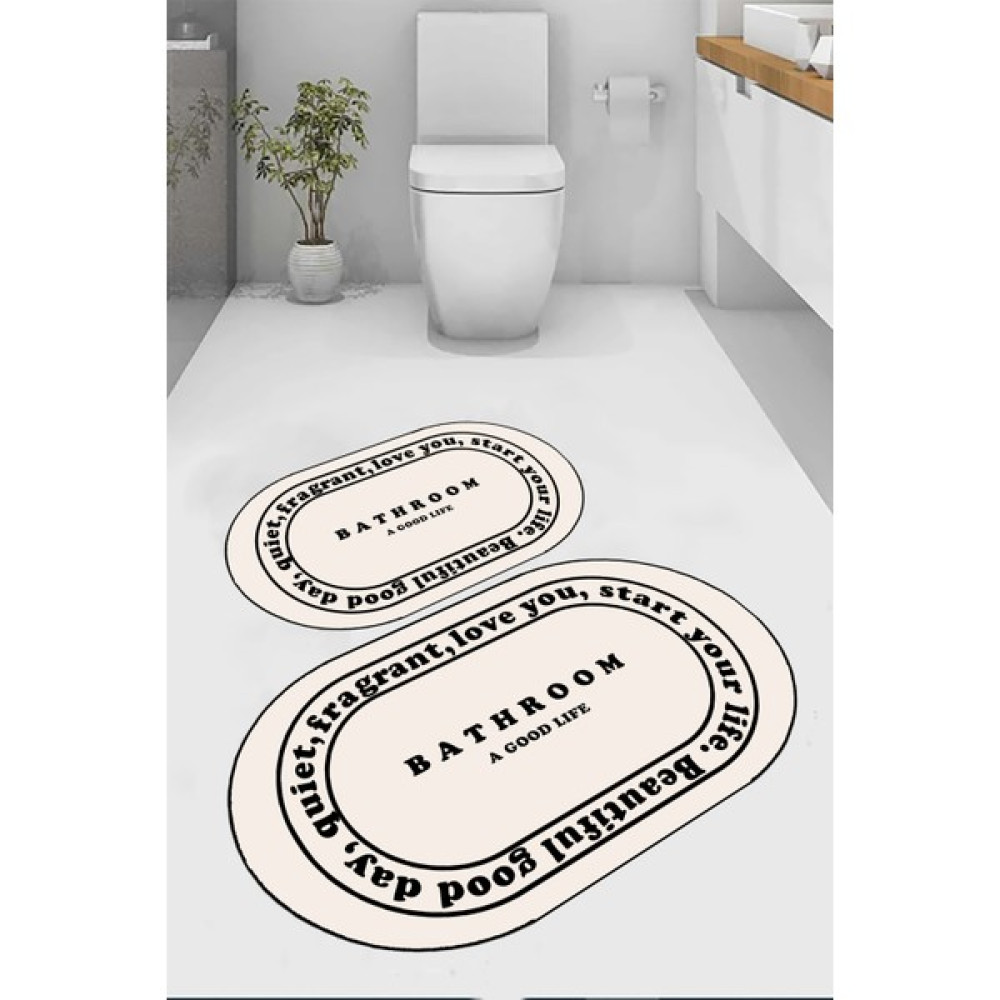 Eco Concept, Kaymaz Taban, Banyo Paspası, Bathroom Yazılı, Dekoratif, Oval, 2'li Klozet Takımı - Bej Klozet Takımı Fiyatı