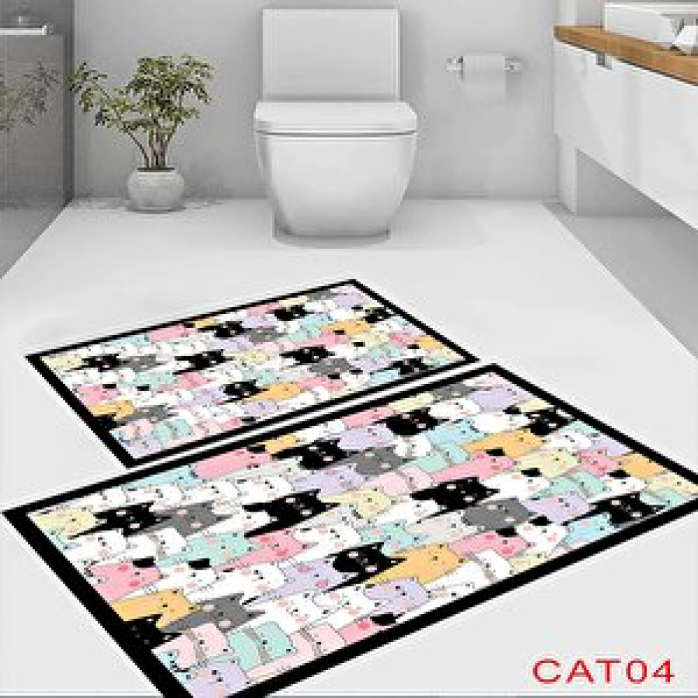 Eco Concept Kedi Desenli Banyo Paspası, Renkli Kediler Desen Paspas, Kaymaz Taban Paspas, Yıkanabilir Paspas, 2'li Klozet Takımı Banyo Halısı Fiyatı