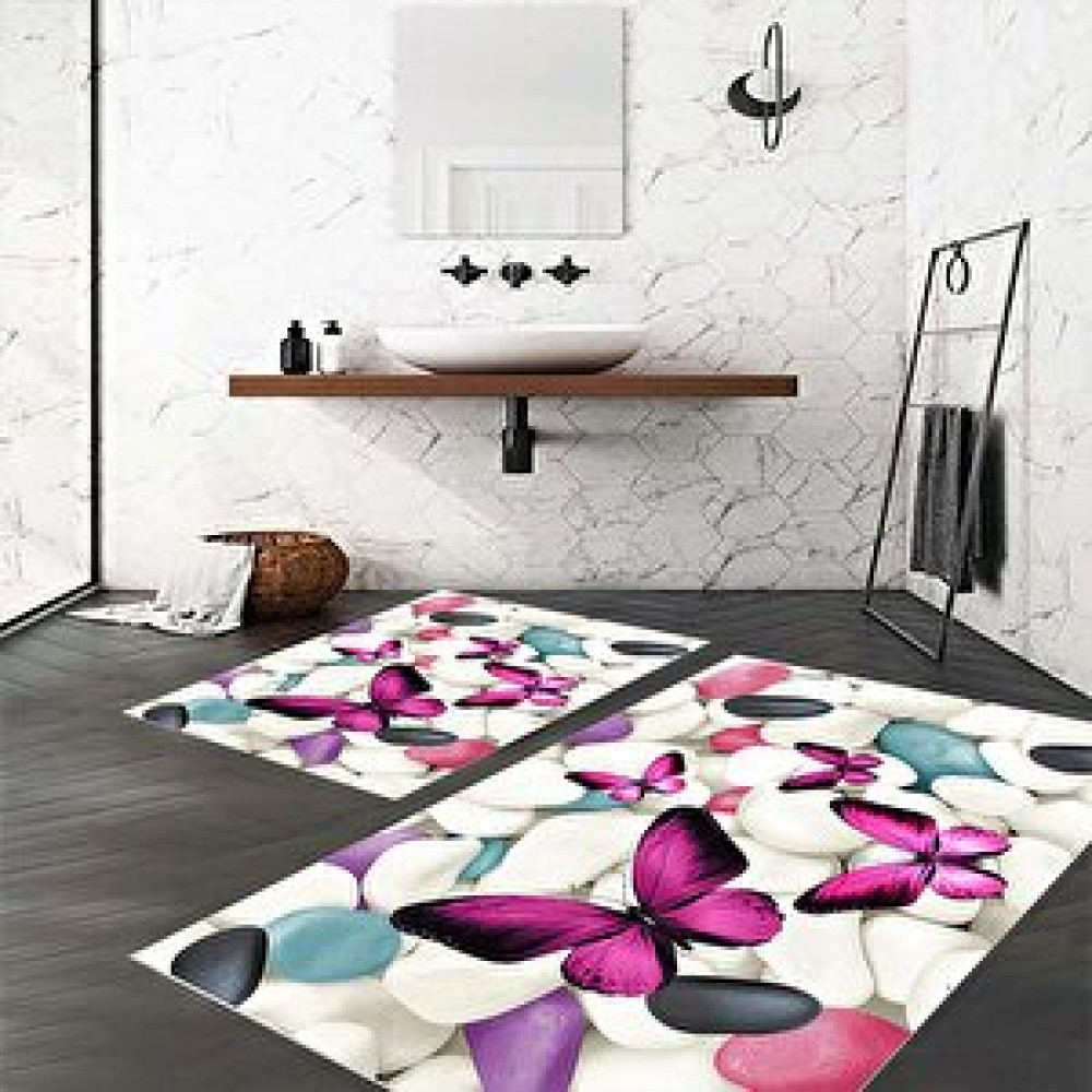 Eco Concept Kelebek Desen Banyo Paspası, Klozet Takımı, Kaymaz Taban Banyo Paspası, Yıkanabilir Paspas, 60x100 cm Banyo Halısı Fiyatı