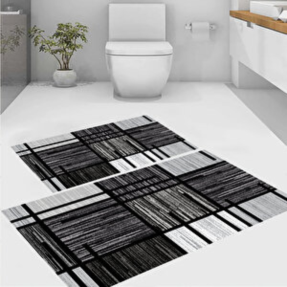 Eco Concept Siyah Renk Paspas, Çizgili Desen Banyo Paspası, Kaymaz Taban Klozet Takımı, Dekoratif Paspas, 60x100 cm Banyo Halısı Fiyatı