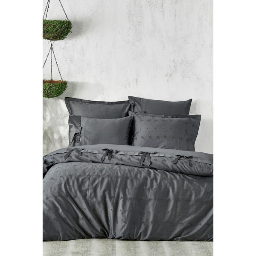 Ecocotton Carmen Battal Boy Nevresim Takımı %100 Organik Pamuk Saten Brodeli Antrasit 220X240 cm - 220 x 240 cm Nevresim Takımı Fiyatı