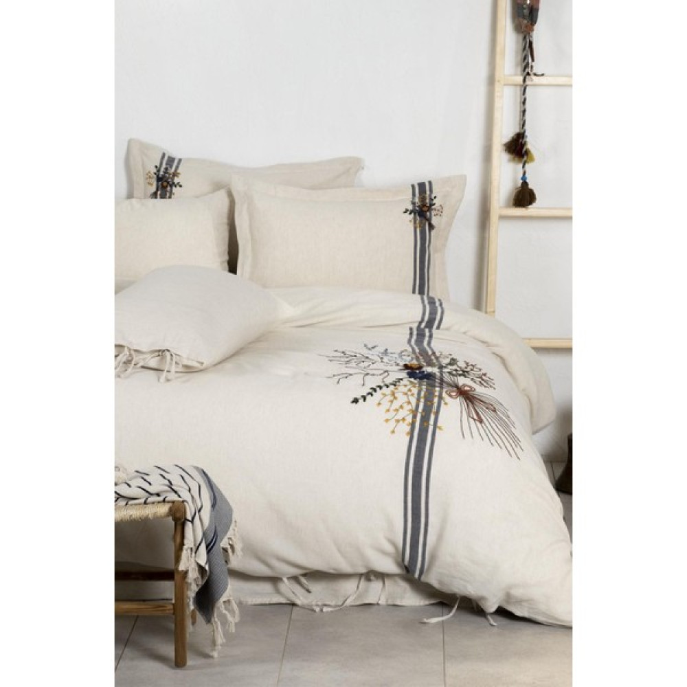 Ecocotton Charla Battal Boy Nevresim Takımı %100 Organik Pamuk Kenevir Karışımlı Ekru-Lacivert 240X220 cm - Lacivert - 220 x 240 cm Nevresim Takımı Fiyatı