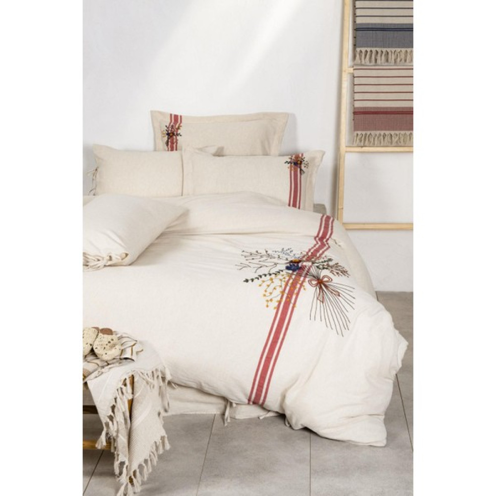 Ecocotton Charla Çift Kişilik Nevresim Takımı %100 Organik Pamuk Kenevir Karışımlı Ekru-Kırmızı 200X220 cm - Kırmızı - 200 x 220 cm Nevresim Takımı Fiyatı