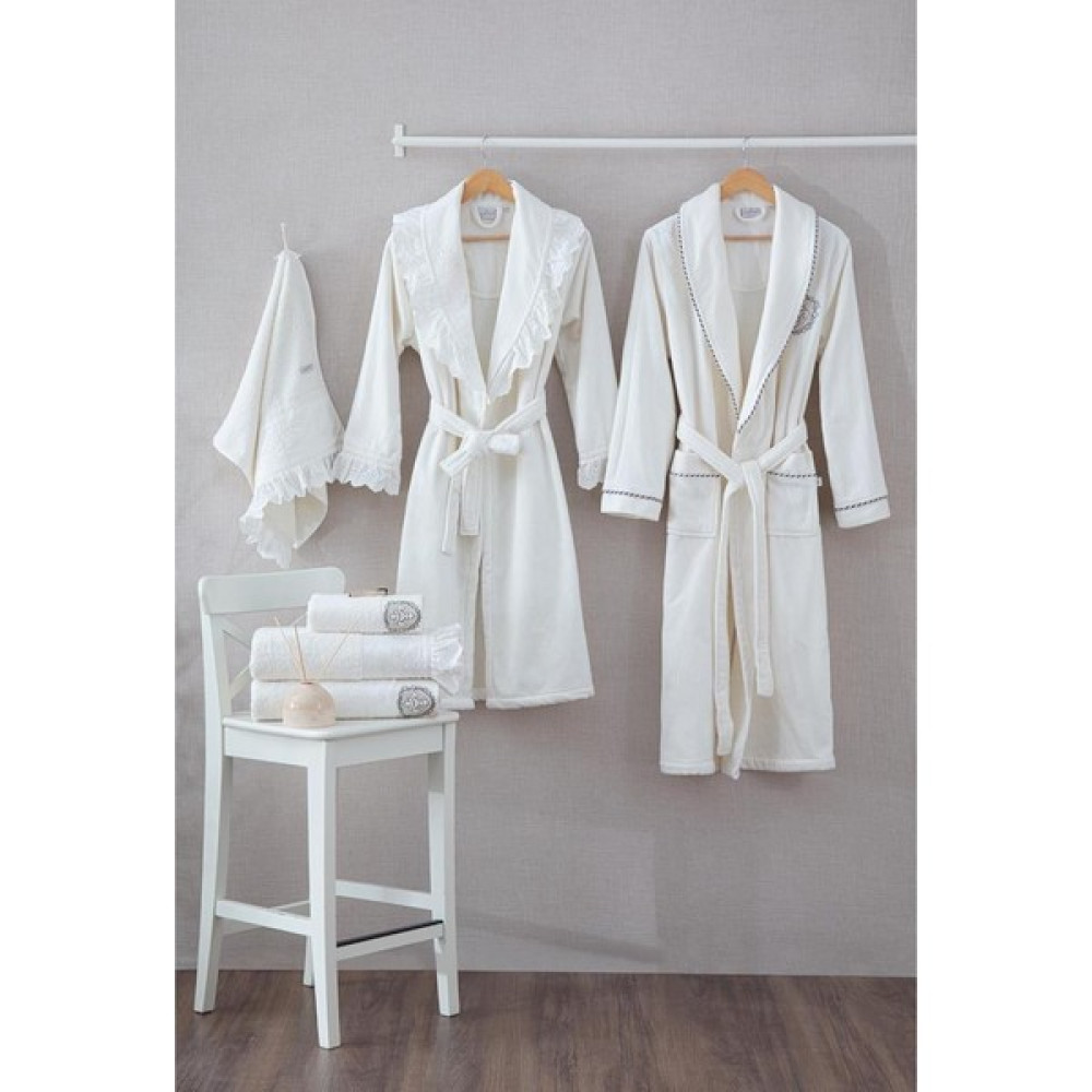 Ecocotton Elsa Aile Bornoz Seti Organik Pamuk Nakışlı Krem/krem - M/l - M - L - Krem Bornoz Fiyatı