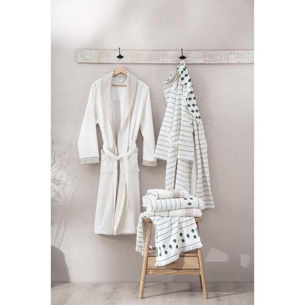 Ecocotton Imre Bej-Yeşil "m-L" Organik Pamuk Müslin Jakarlı Aile Bornoz Seti - Bej - M - L Bornoz Fiyatı