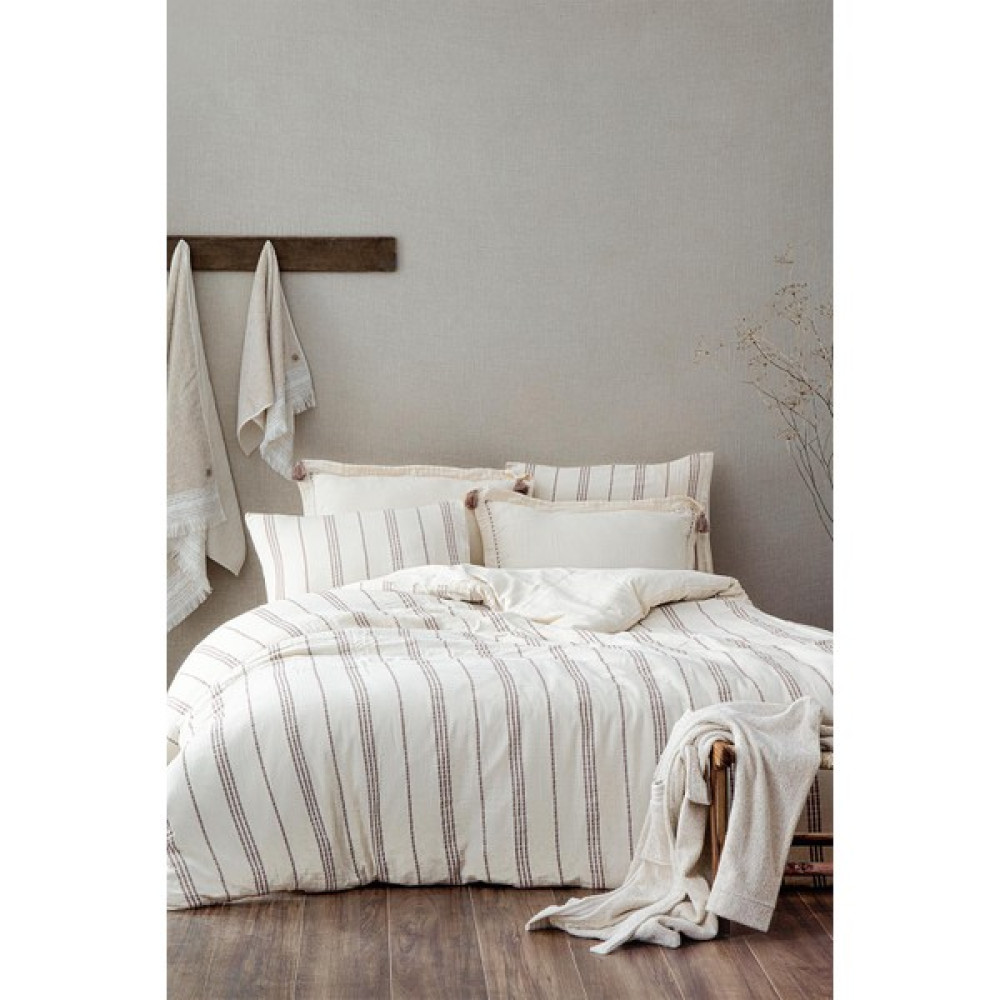 Ecocotton Izgi Bej Çift Kişilik %100 Organik Pamuk Müslin Nevresim Takımı - 200 x 220 cm Nevresim Takımı Fiyatı
