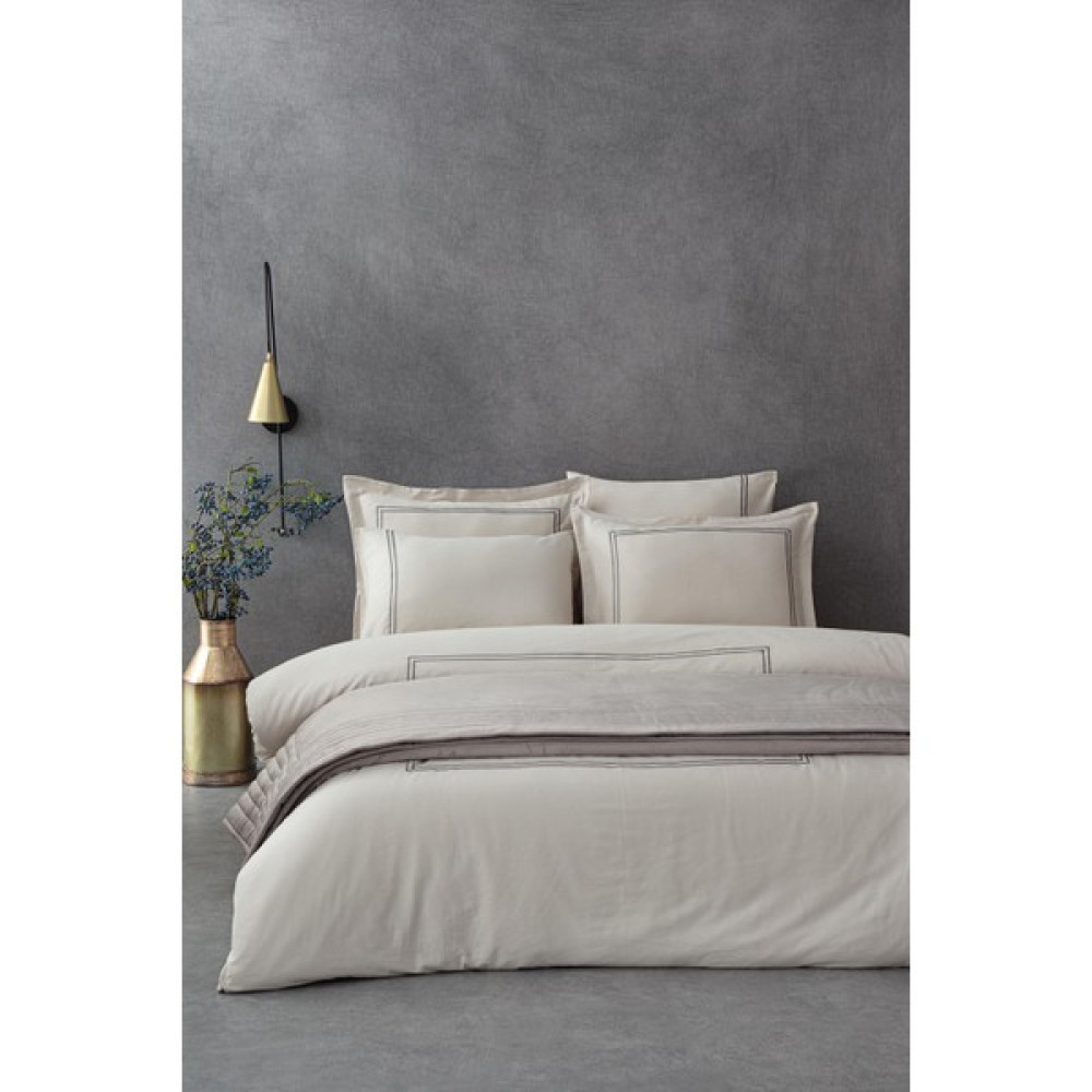 Ecocotton Lavin Battal Boy Nevresim Takımı %100 Organik Pamuk Saten Nakışlı Bej-Gri 240X220 cm - Bej - 220 x 240 cm Nevresim Takımı Fiyatı