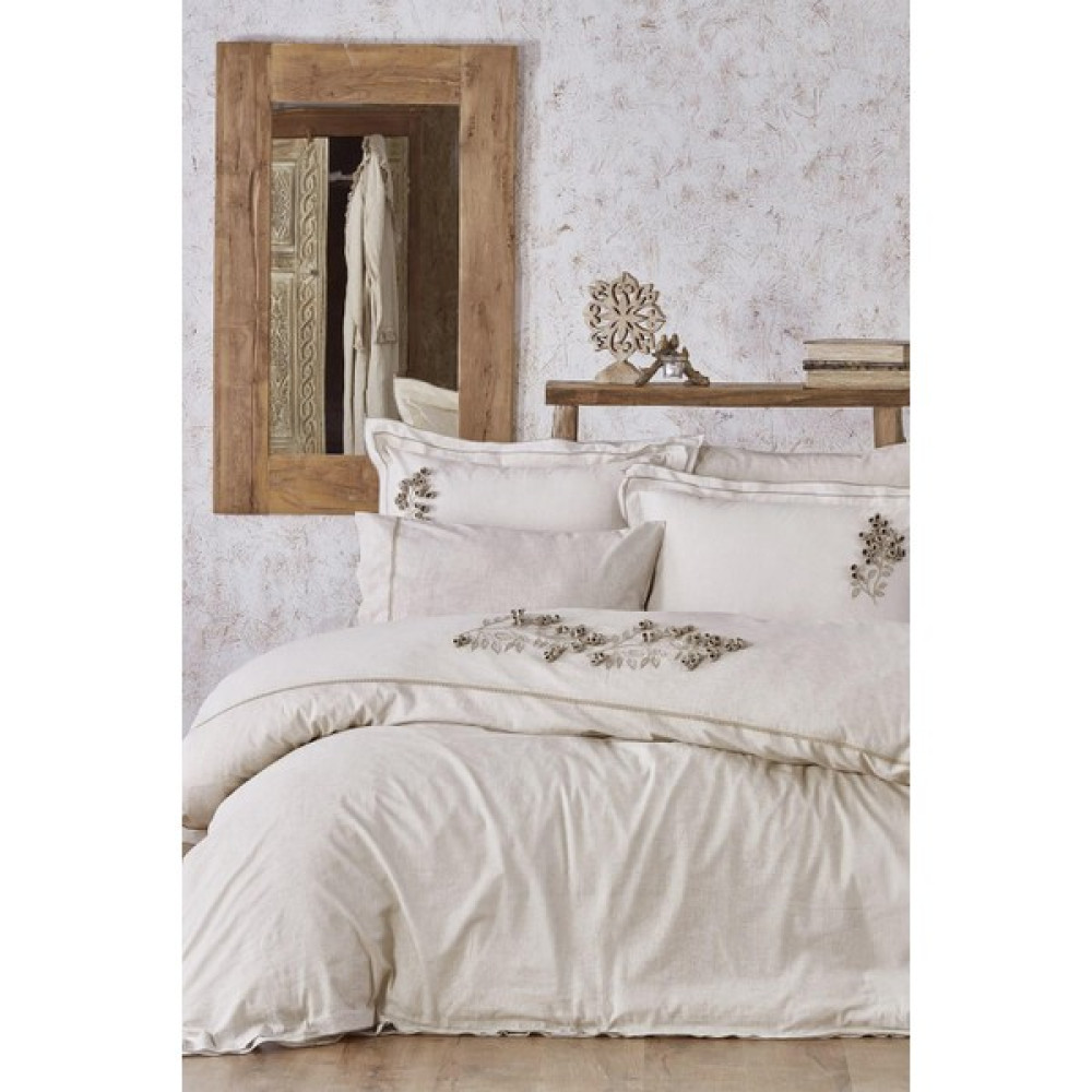 Ecocotton Masal Çift Kişilik Nevresim Takımı %100 Organik Pamuk Keten El Nakışlı Bej 200X220 cm - 200 x 220 cm Nevresim Takımı Fiyatı