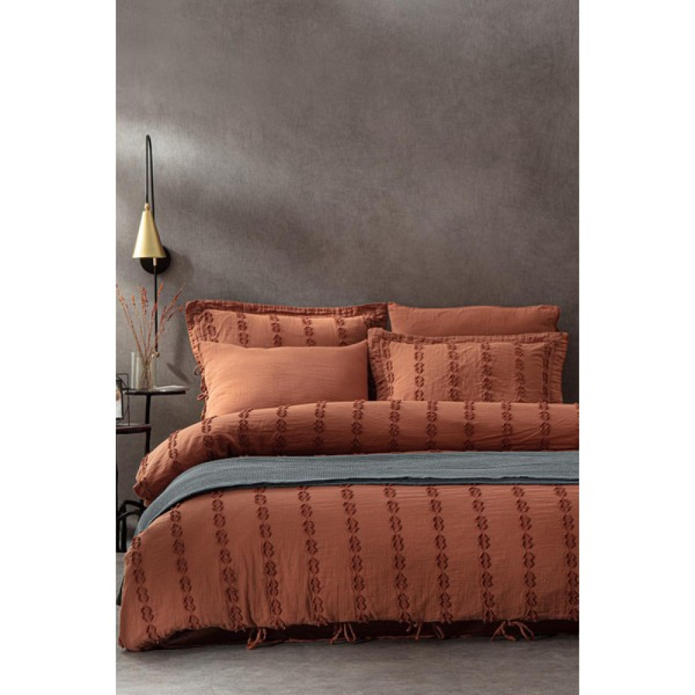 Ecocotton Sima Battal Boy  Nevresim Takımı  Organik Pamuk Müslin Brodeli Terra 240x220 cm - Kiremit - 220 x 240 cm Nevresim Takımı Fiyatı
