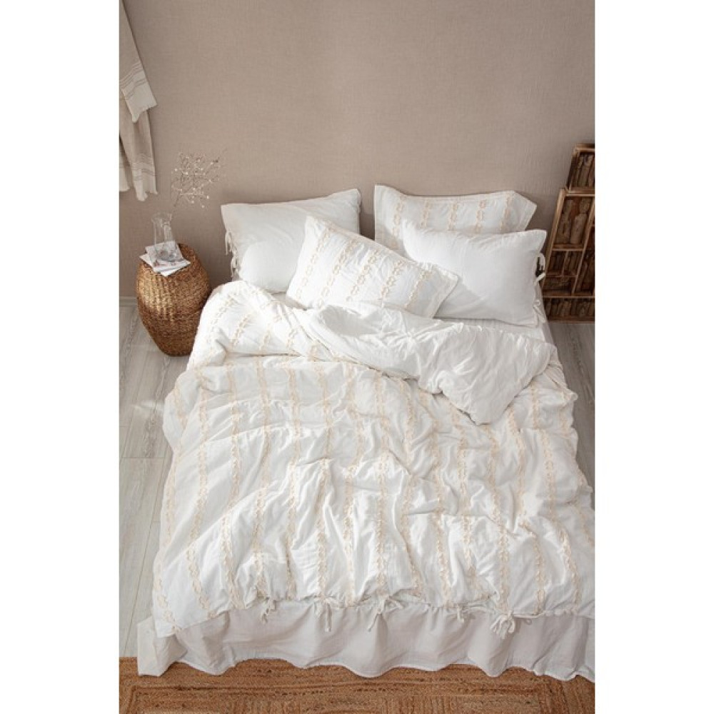Ecocotton Sima Çift Kişilik Nevresim Takımı  Organik Pamuk Müslin Brodeli Krem 200x220 cm - 200 x 220 cm Nevresim Takımı Fiyatı