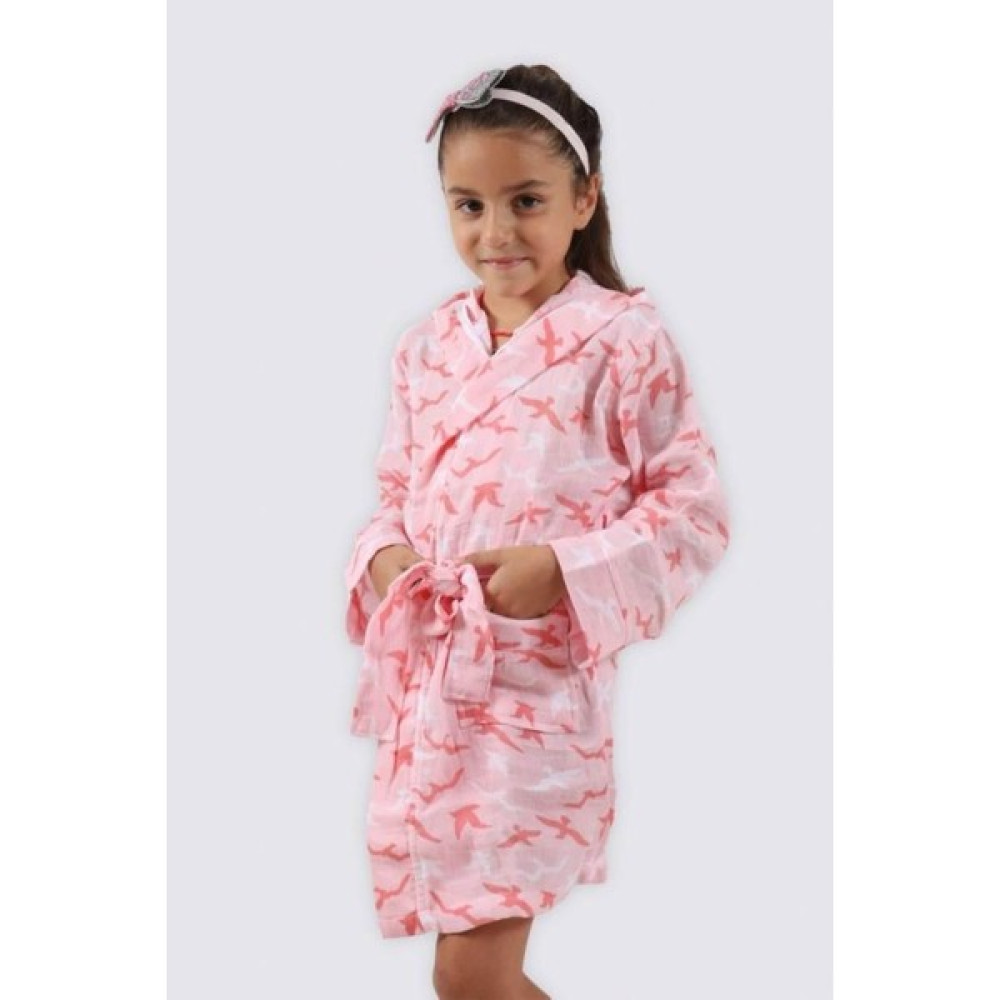 Ecocotton Turna Kız Çocuk Bornoz %100 Organik Pamuk Müslin Baskılı Somon - 5 - 6 Yaş Bornoz Fiyatı