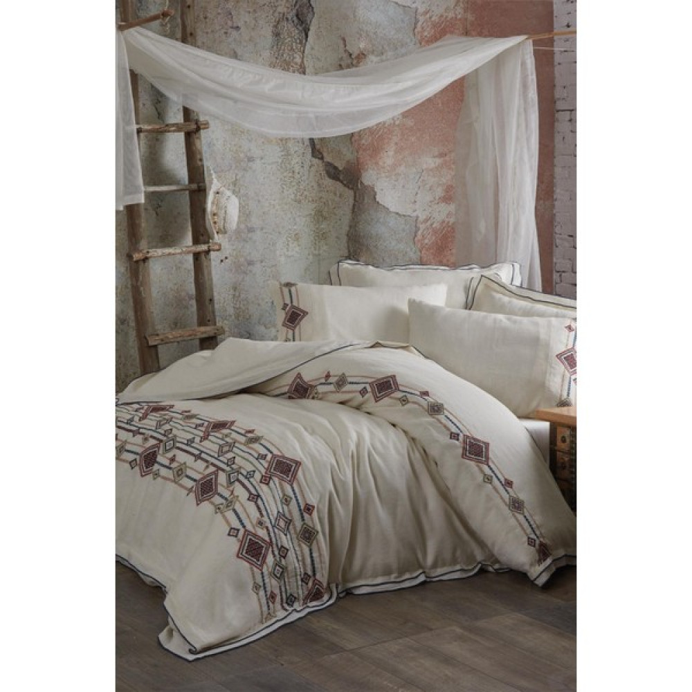 Ecocotton Vega Battal Boy Nevresim Takımı %100 Keten Nakışlı Krem 220X240 cm - 220 x 240 cm Nevresim Takımı Fiyatı