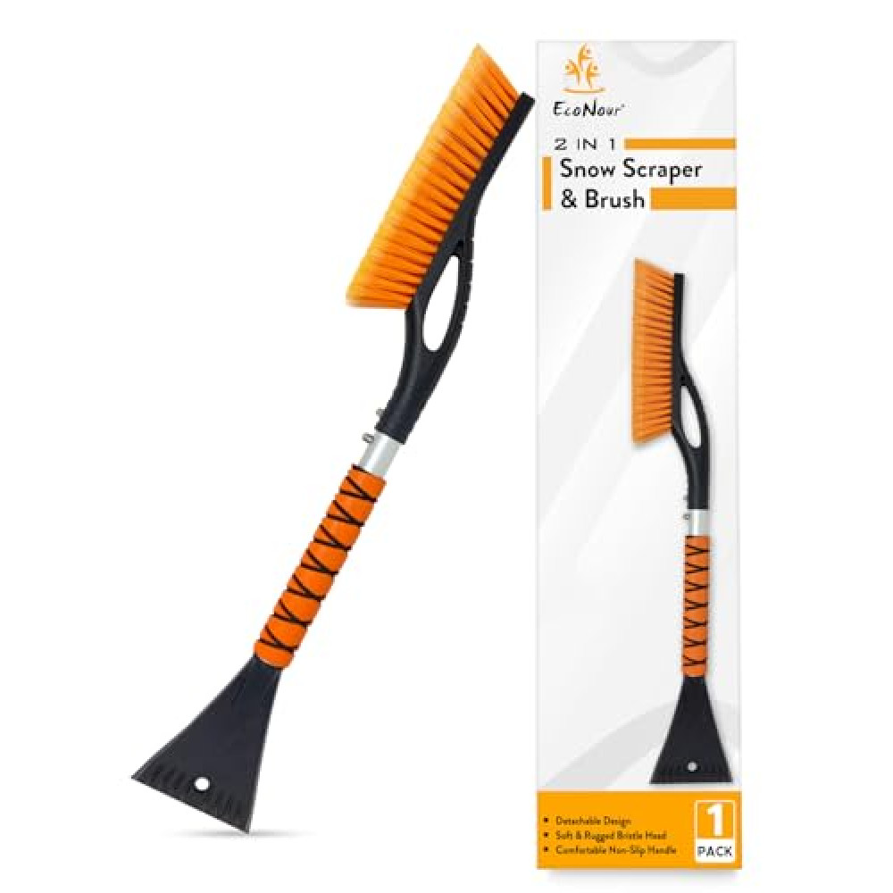 EcoNour 27" Aluminum Snow Brush with Ice Scrapers for Car Windshield and Window | Car Snow Scraper and Brush with Ergonomic Foam Grip Winter Accessories (Orange)