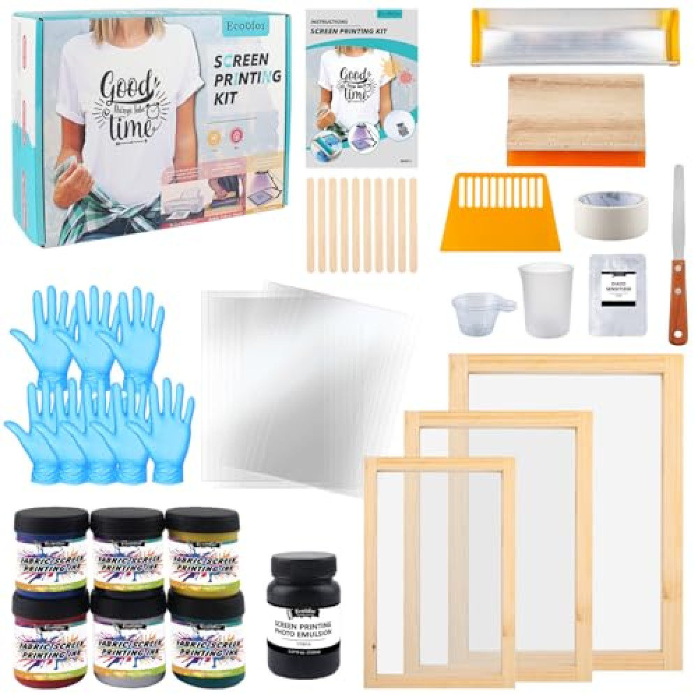 Ecoofor 49pcs All-in-One Screen Printing Kit with, 3 Size Wood Screen Printing Frames, 6 Colors Screen Printing Ink,10 A4 Size Inkjet Transparency Films
