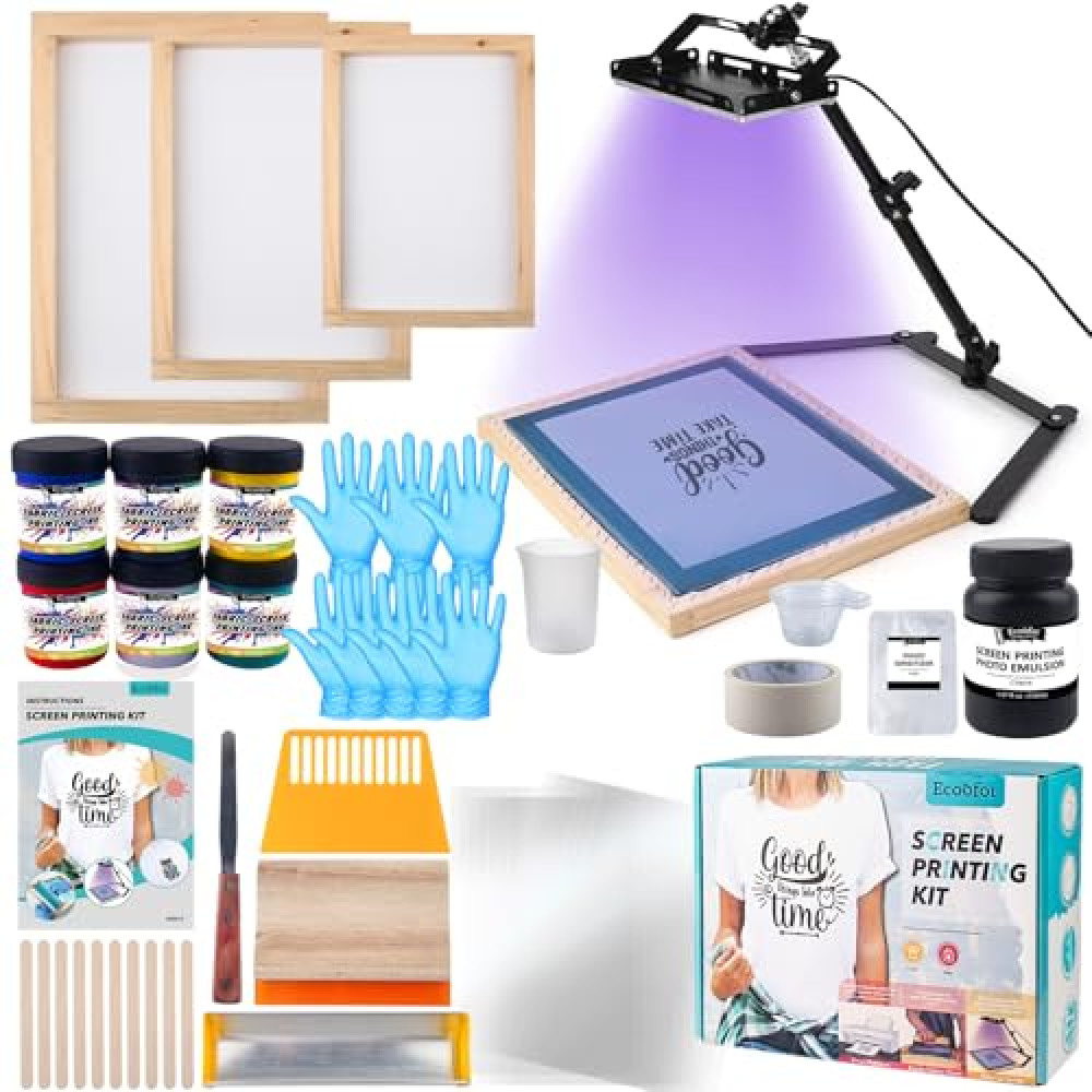 Ecoofor 53pcs All-in-One Screen Printing Kit with 50W UV Exposure Lamp, 3 Size Wood Screen Printing Frames,6 Colors Screen Printing Ink,15 A4 Size Inkjet Transparency Films