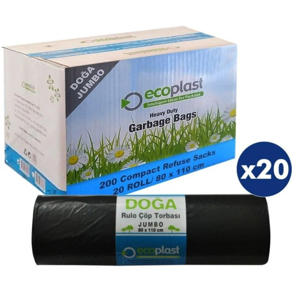 Ecoplast Battal Boy Çöp Torbası Poşeti - 400 Gr. - 90 Litre - 80 x 110 cm / 10 Adetlik 20 Rulo / Koli Çöp Poşetleri Fiyatı