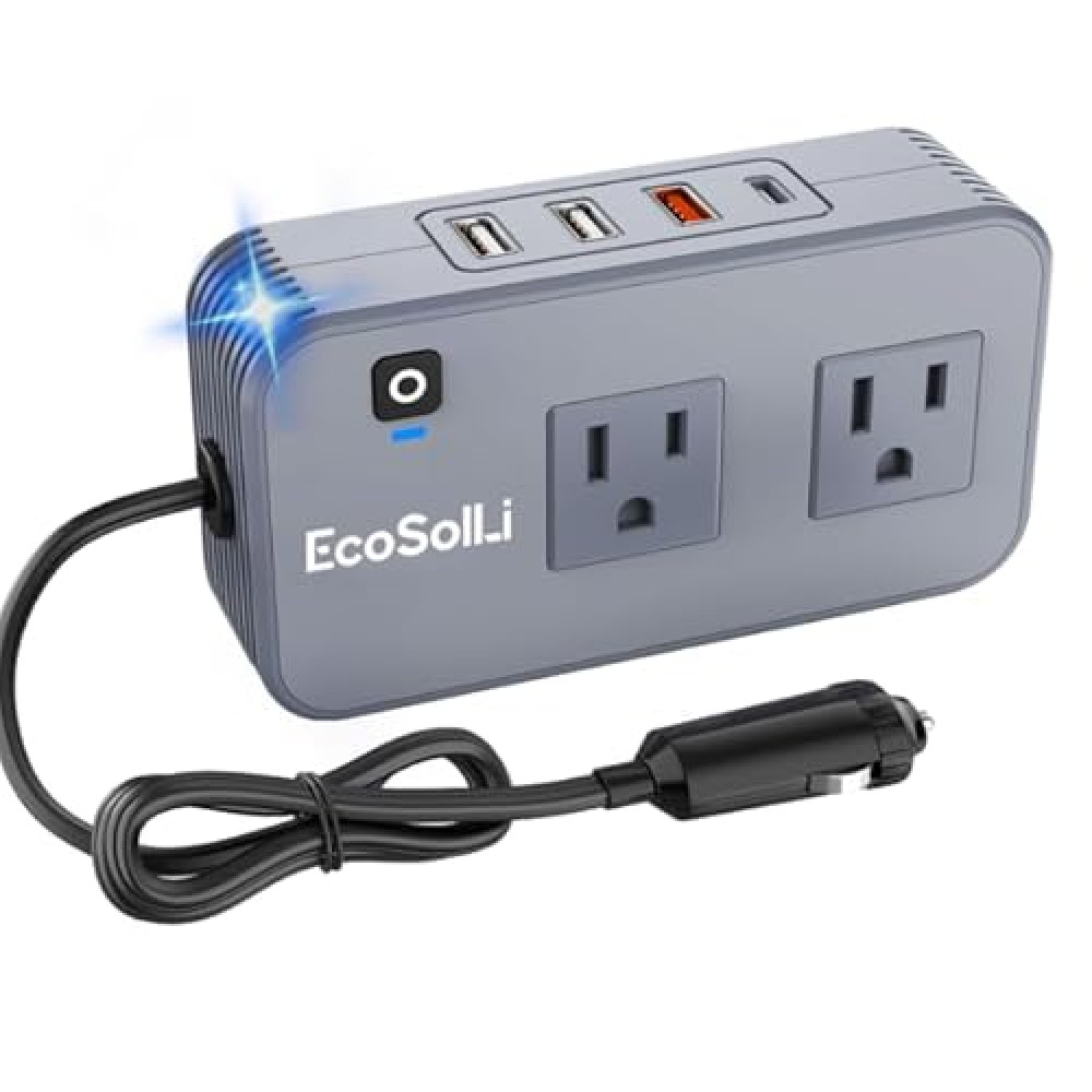 EcoSolLi 200W Car Power Inverter 12V DC to 110V AC Car Converter with 20W USB-C & 18W USB-QC Ports Car Laptop Charger, Car Adapter for Plug Outlet for Laptop Vehicles Camping Road Trip