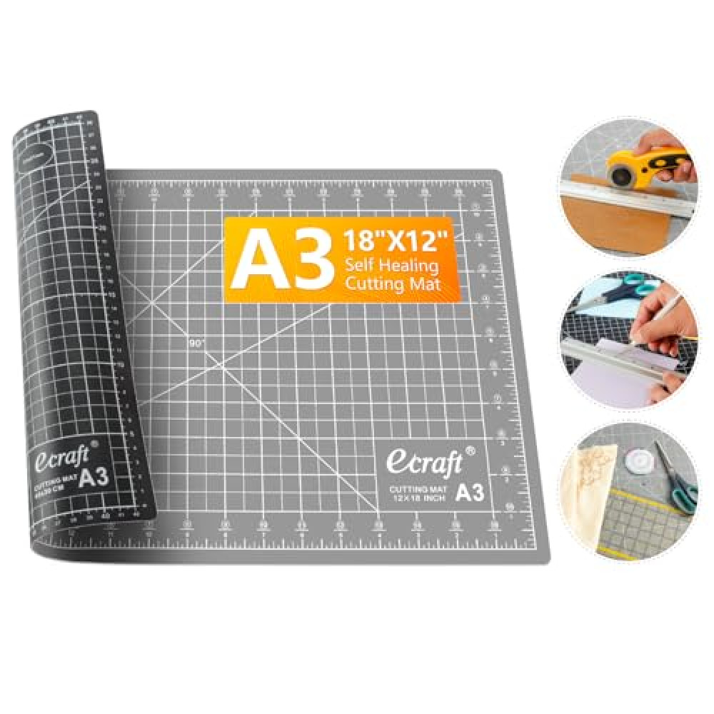 Ecraft Self Healing Cutting Mat:18"x12" Double Sided 5-Ply Hobby Mat, A3 Rotary Cutting Sewing Mat for Crafts, Fabric,Sewing,Quilting,Scrapbooking,Projects,Grey/Black