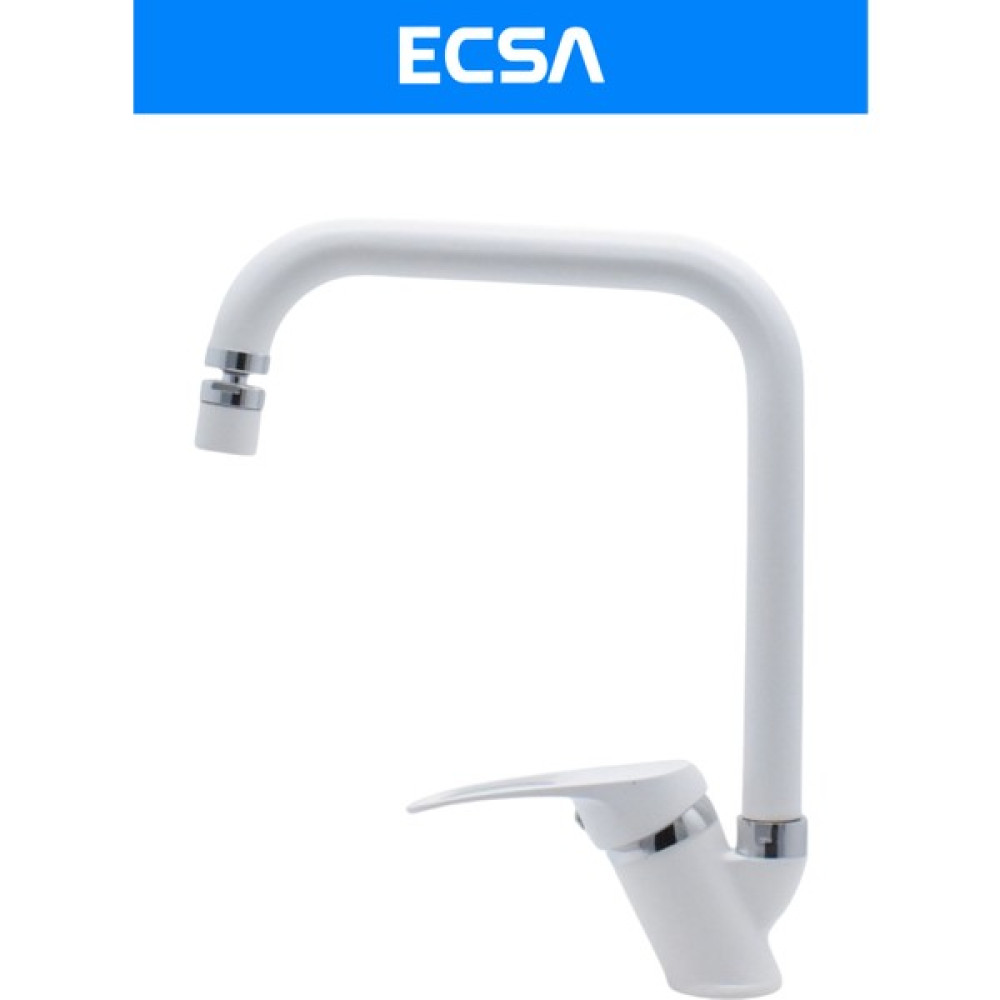 ECSA Beyaz Krom Oynar Başlıklı Köşe Borulu Mutfak Evye Bataryası - Beyaz - Krom Bataryalar & Musluklar Fiyatı