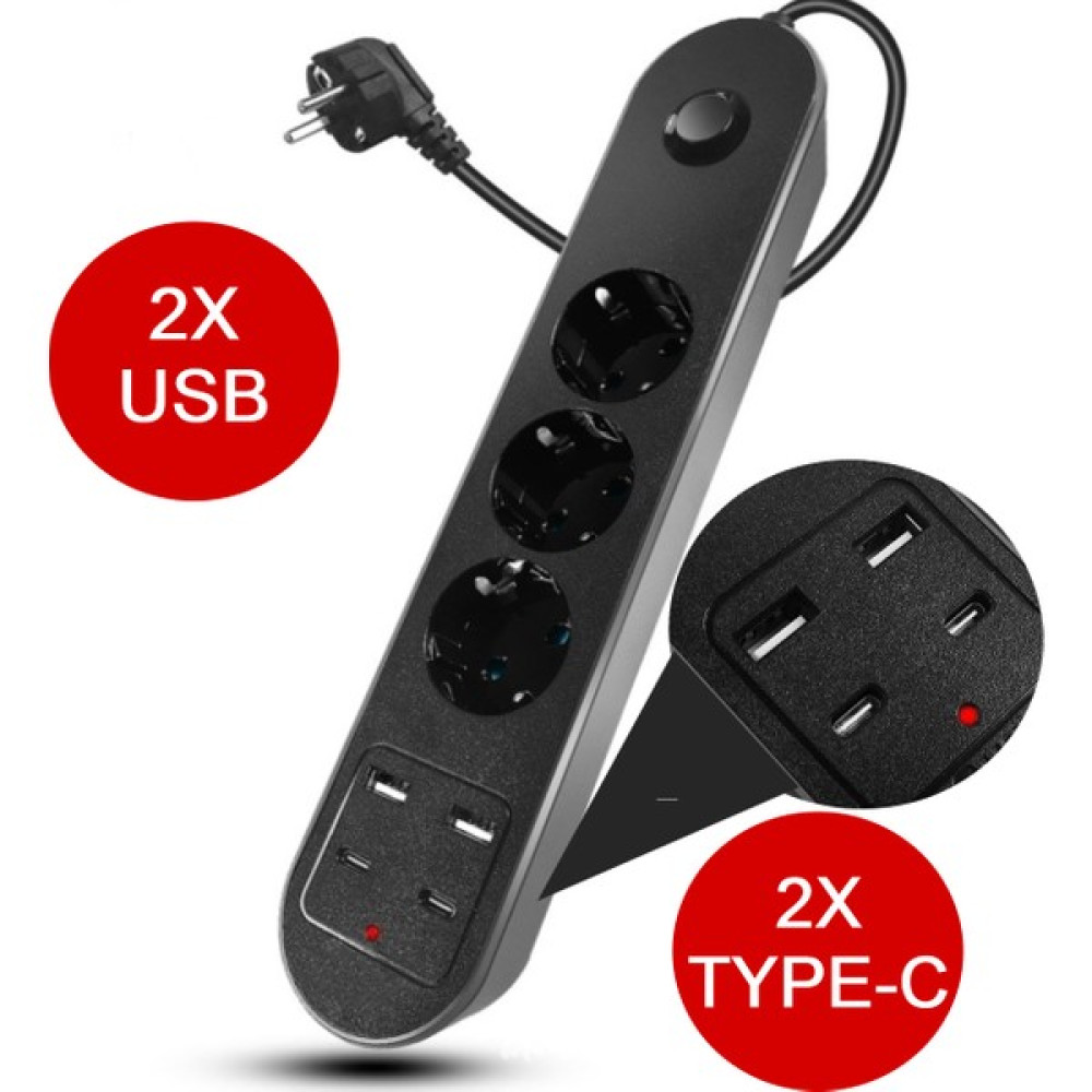 Ecuy Akım Korumalı Uzatma Kablosu Priz 3'lü Priz Soketli 2 Usb'li 2 Type-C Girişli Dirençli Kablo 2 M. Prizler Fiyatı