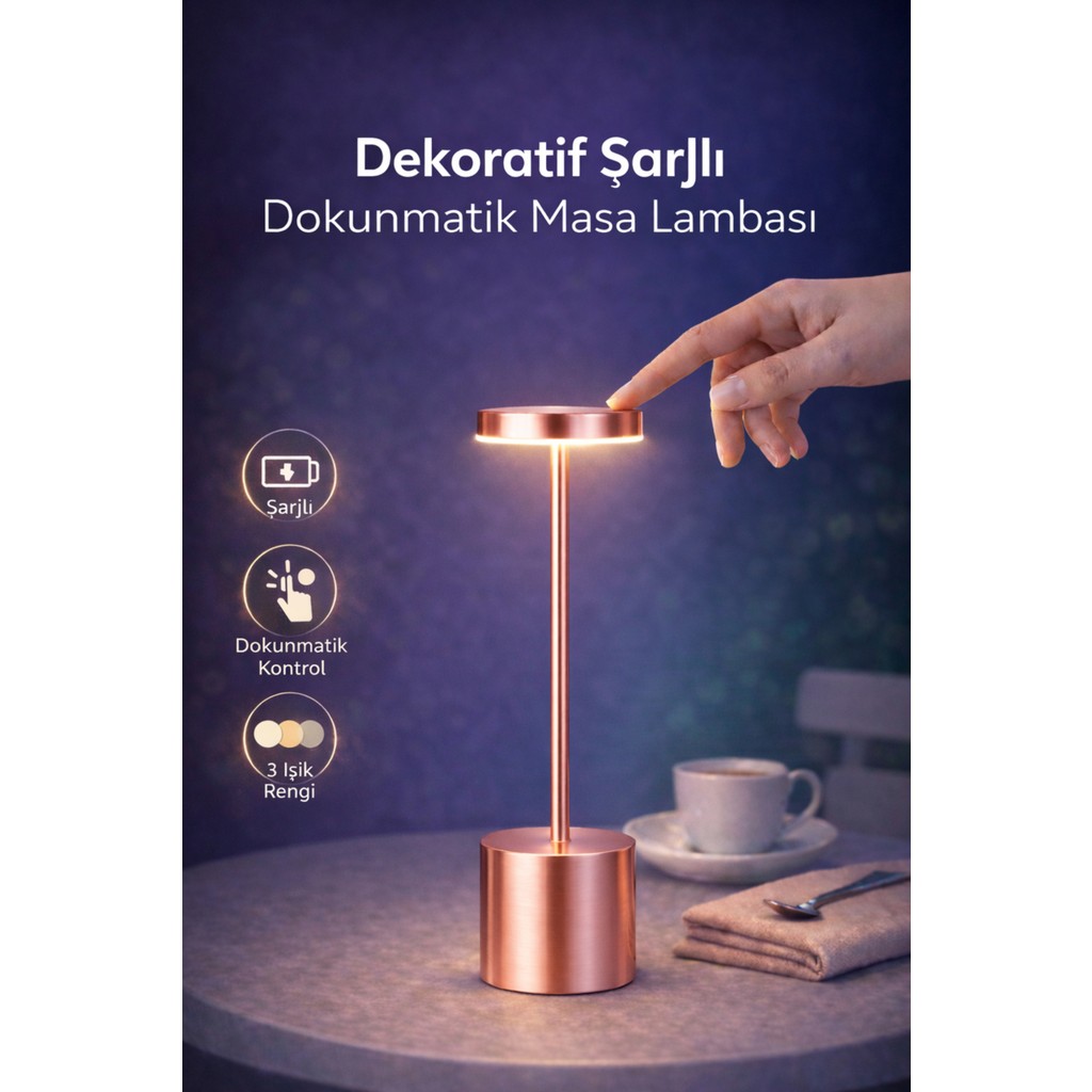 Ecuy Dekoratif Masa Üstü Şarjlı Dokunmatik Masa Lambası Rose Gold 3 Işık Renkli Dimerli Metal - Sarı Ofis Masa Lambası Fiyatı