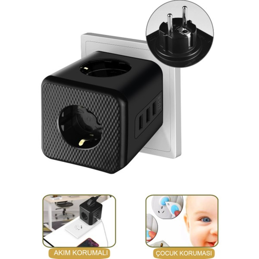 Ecuy Priz Çoğaltıcı Isıya Dayanıklı Termal Akım Çocuk Korumalı Priz 3x Priz Girişli 3x USB Girişli Priz Prizler Fiyatı
