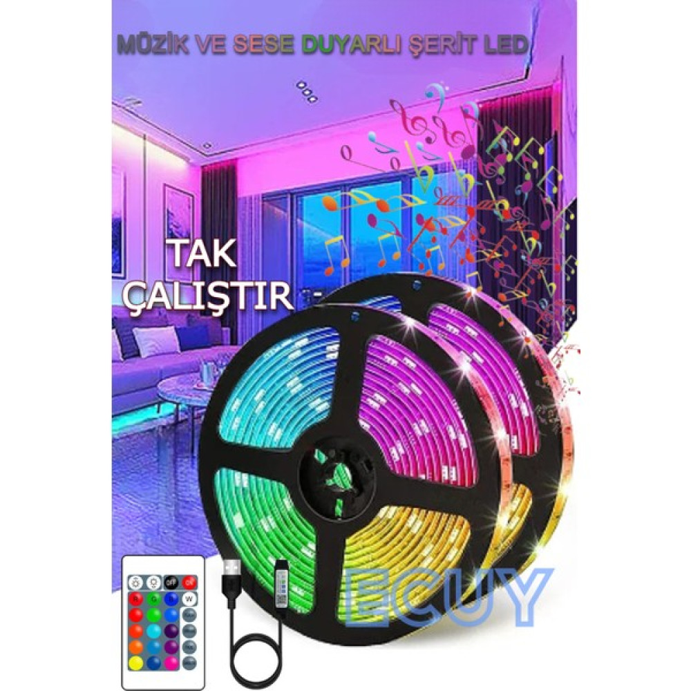 Ecuy Rgb Şerit LED Müziğe Duyarlı Ritimle Uyumlu Uzaktan Kumandalı Yapışkanlı Şerit LED 3metre USB Kablo - 3 m Led Aydınlatmalar Fiyatı