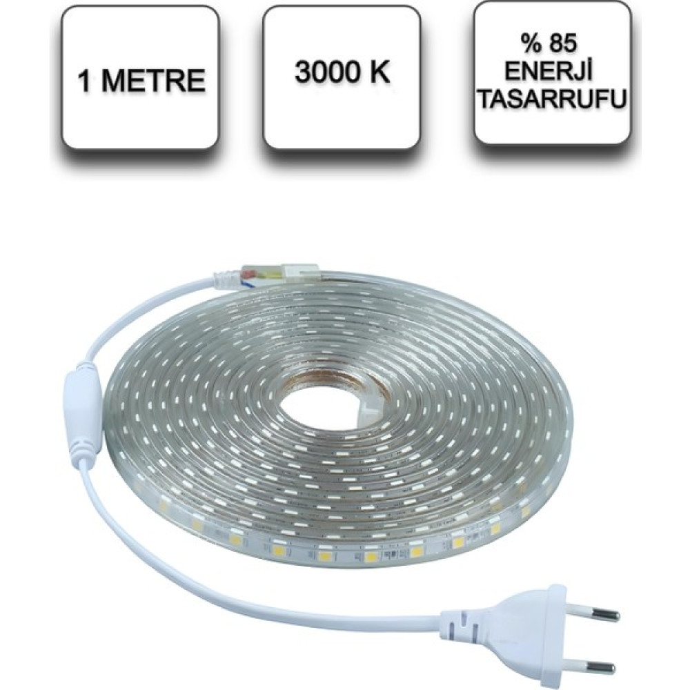 Ecuy Şerit Led Enerji Tasarruflu Su Geçirmez Led Işık Adaptörlü Led Monte Aparatlı Sıcak Işık Led 1 M - Sarı Led Aydınlatmalar Fiyatı