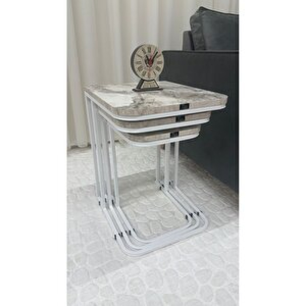 ED EFELEZ DESIGN Lyon 3'lü C Zigon Sehpa Beyaz- Beyaz Mermer Beyaz Beyaz Mermer Zigon Sehpa Fiyatı