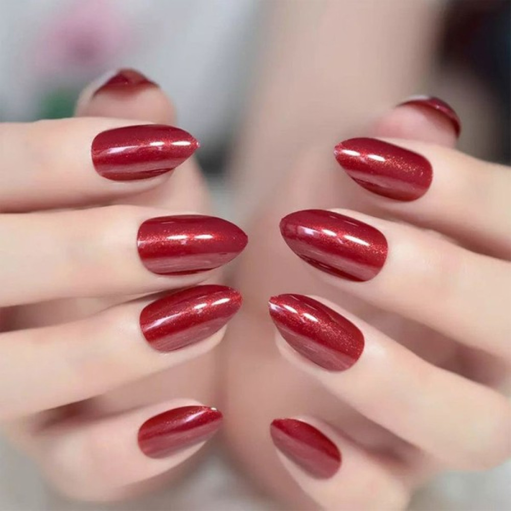 Eda Luxury Beauty Koyu Kırmızı Bordo Simli Takma Tırnak Lüks Parlak Medium Orta Boy Oval Stiletto Nail Art Set Oto Boyaları Fiyatı