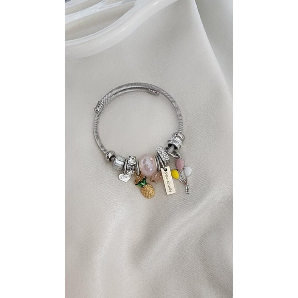 Eda Takı Pandora Silver Pembe Boncuk Ananas Balon Charm Çelik Bileklik Saat ve Bileklik Aksesuarı Fiyatı