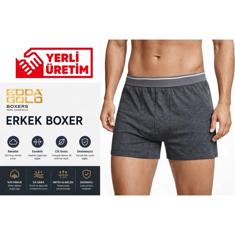 EDDA GOLD Erkek Boxer Antrasit L – Pamuklu Likralı Esnek Rahat Penye İç Çamaşırı Erkek Boxer Fiyatı