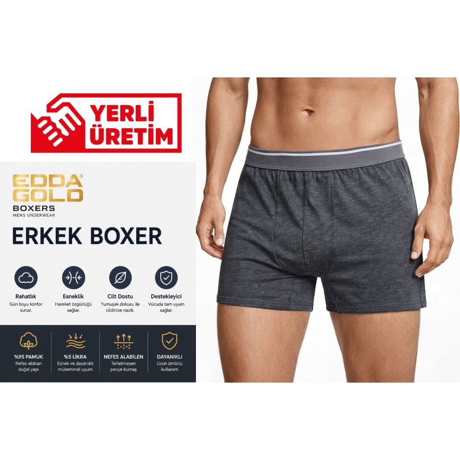 EDDA GOLD Erkek Boxer Antrasit XL – Pamuklu Likralı Esnek Rahat Penye İç Çamaşırı Erkek Boxer Fiyatı