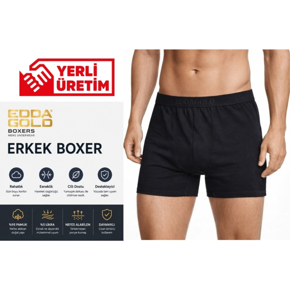 EDDA GOLD Erkek Boxer Siyah XL – Pamuklu Likralı Esnek Rahat Penye İç Çamaşırı Erkek Boxer Fiyatı