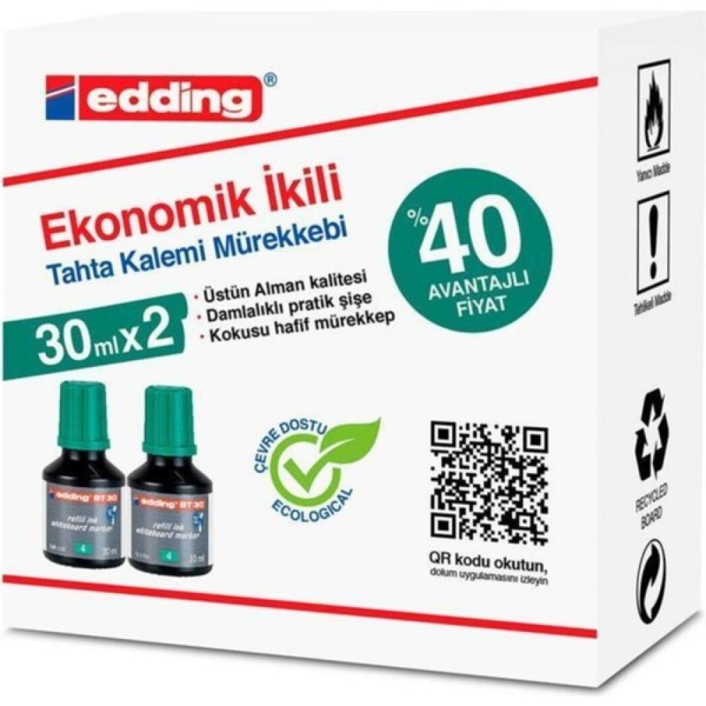 Edding BT30 Tahta Kalem Mürekkebi Damlalıklı Ekonomik 30 ml Yeşil (2 Li Paket) Kalem Kartuşu & Mürekkebi Fiyatı