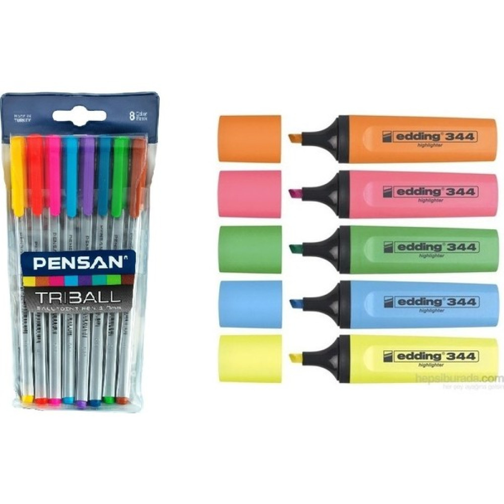 Edding Fosforlu Kalem E-344 5 Li Poşet Ed344P599 + Pensan Tükenmez Trıball 1Mm Renkli 8 Li Set 01003 Fosforlu Kalem Fiyatı