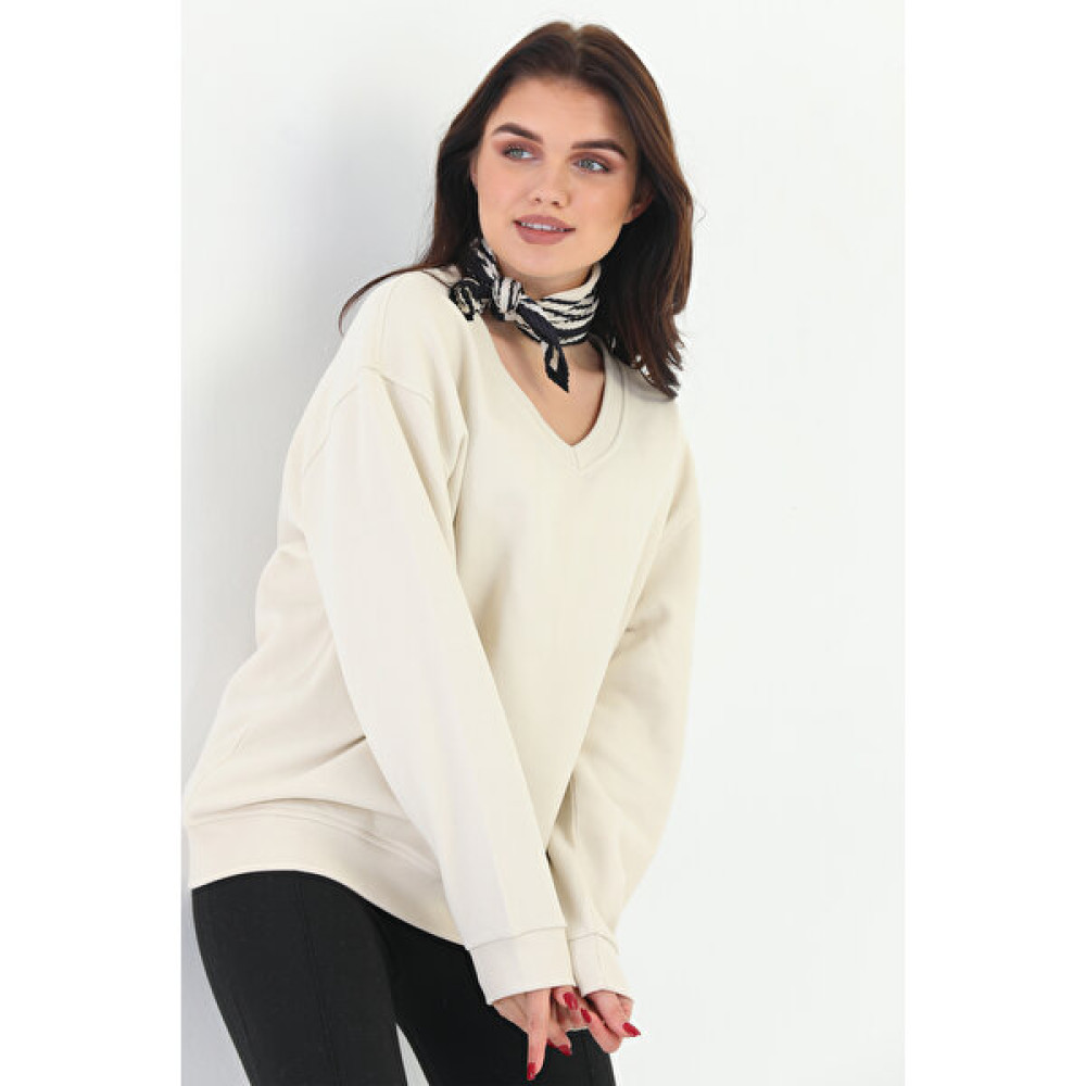 Edelle Bej Oversize V-Yaka Organik Pamuklu Kadın Sweatshirt Bayan Sweatshirt Fiyatı